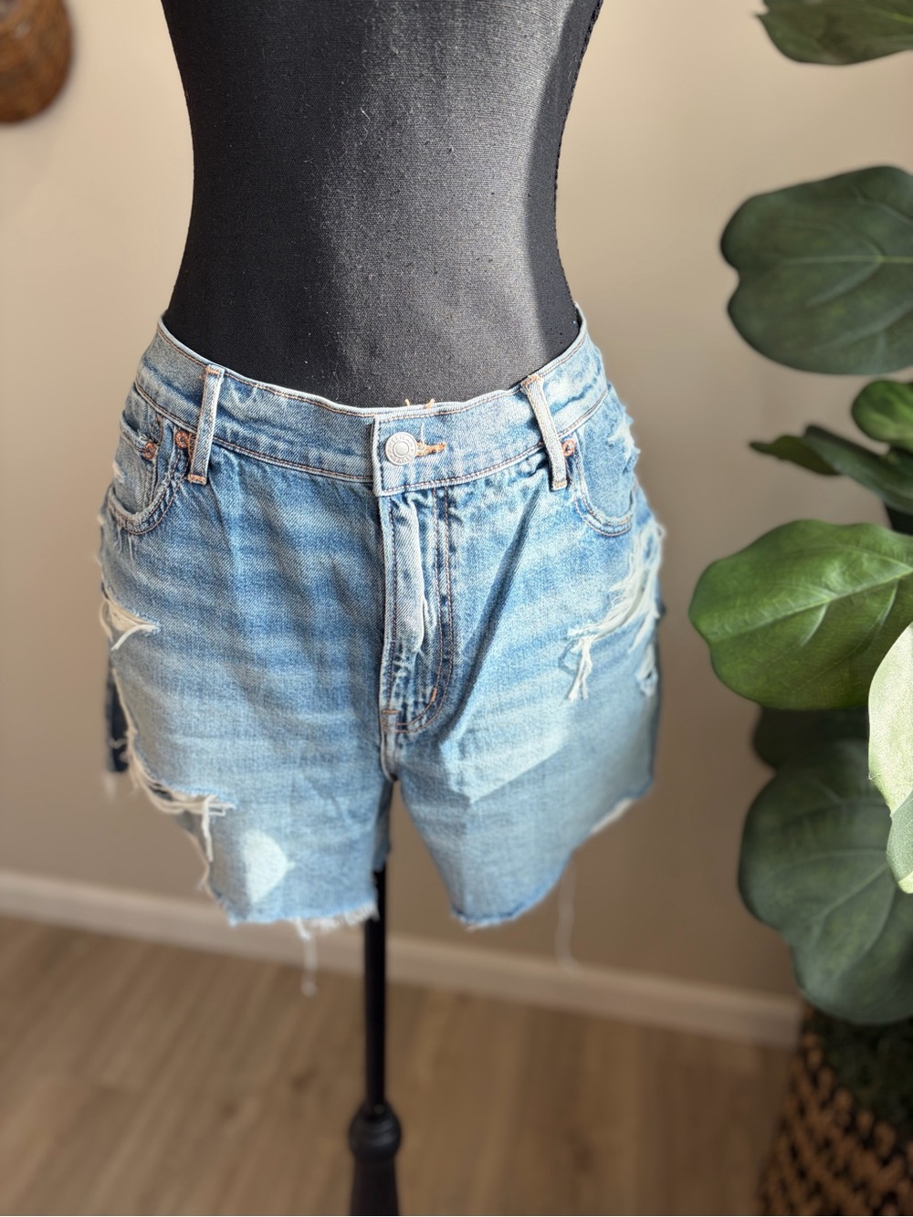 American Eagle Outfitters Light Blue Distressed Denim Shorts
